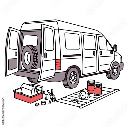 White van with open doors spare tire and tools vehicle transportation
