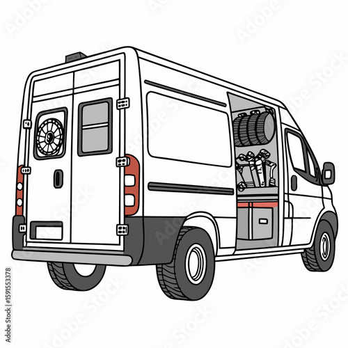 White van with open side door carrying golf clubs and tires vehicle transportation