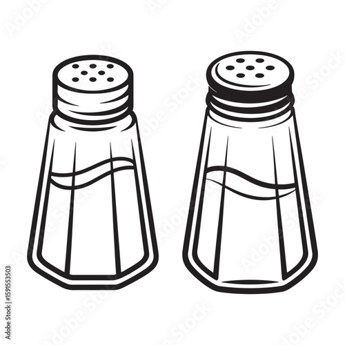 Black and white illustration of two glass shakers salt shaker pepper shaker