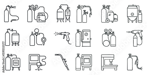 Series of industrial tools and equipment, including a fire extinguisher, a pressure gauge, and a spray gun