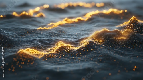 Abstract digital landscape, golden particles on dark surface