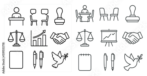 Set of icons for business and office settings. The icons include a judge, a gavel, a pen, a bird, a book, a chair, a table, a person, a sign, a laptop, a projector, a chair