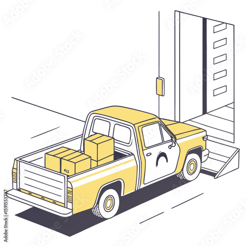 Yellow pickup truck with cargo at loading dock boxes