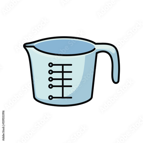 Simple cartoon illustration of a light blue measuring cup with black markings