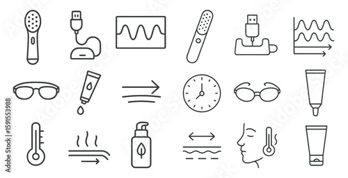 Collection of medical and beauty related icons. The icons include a thermometer, a clock, a bottle of lotion, a bottle of sunscreen, a bottle of eye drops, a bottle of makeup, a bottle of perfume