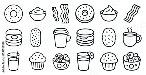 Collection of food and drink icons, including donuts, coffee cups, and sandwiches. The icons are drawn in black and white and arranged in a grid