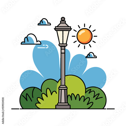 Stylized illustration of a vintage lamppost surrounded by lush green bushes under a bright sun and fluffy clouds