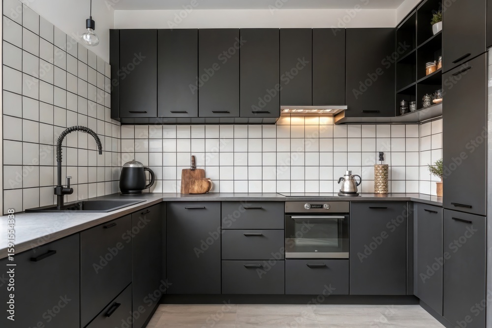 Fototapeta premium Modern Kitchen Layout with Matte Black Fixtures and Vintage Kettle on Tiled Wall