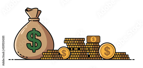Money bag with dollar sign and stacks of gold coins representing wealth and finance