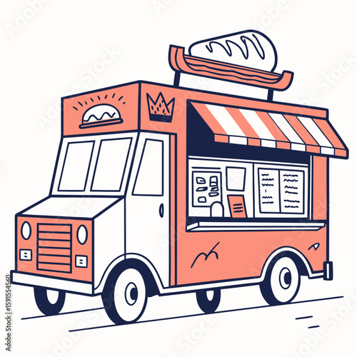 Coral and navy food truck with striped awning and menu mobile kitchen street food