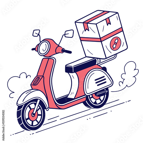 Coral and navy scooter delivering package with motion lines delivery transportation