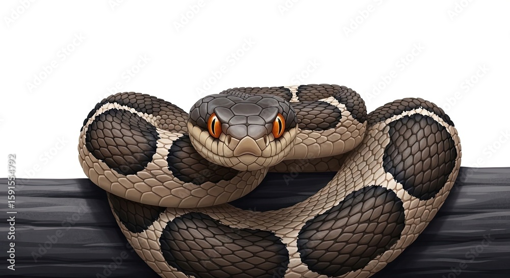Fototapeta premium Mysterious Snake Coiling Dark Log Piercing Orange Eyes