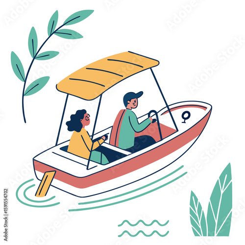 Couple boating on a sunny day with plants water