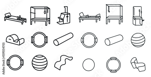 Series of fitness equipment and accessories are shown in a black and white drawing. The drawing conveys a sense of health and wellness, as well as the importance of staying active and fit