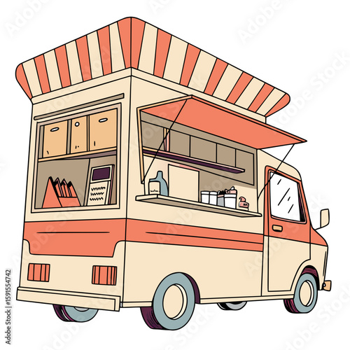 Cream and coral striped awning food truck vehicle transportation