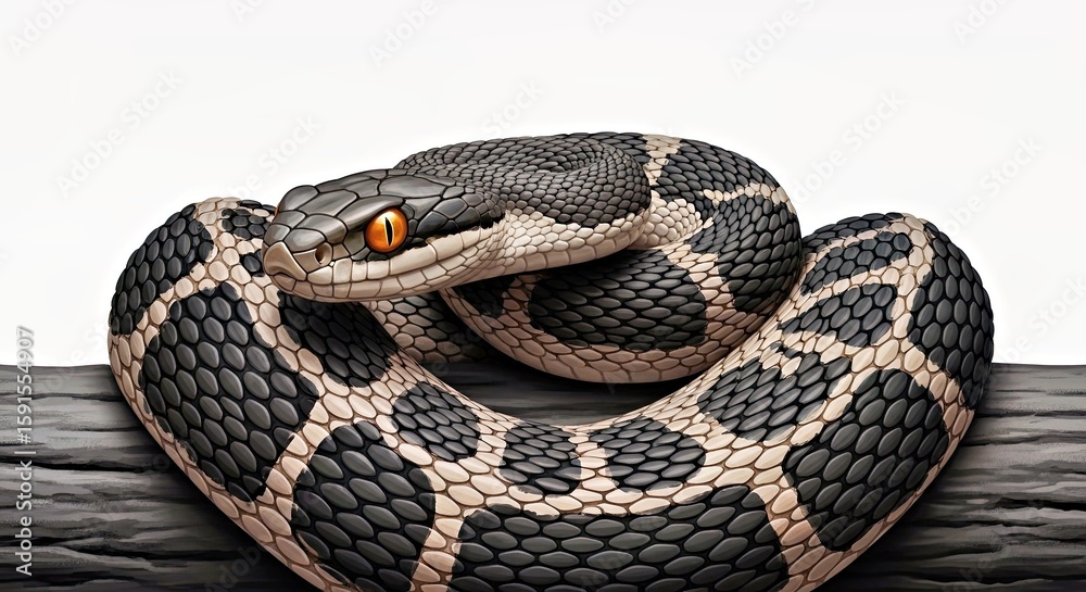 Obraz premium Striking Serpent Coiling Dark Wood Log Orange Eyes Stare