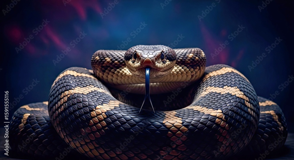 Fototapeta premium Mysterious Snake Sticking Out Tongue Coiled Dark Setting