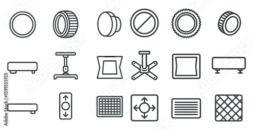 Collection of various objects and shapes, including a chair, a table, and a bed. The objects are all drawn in a simple, minimalist style