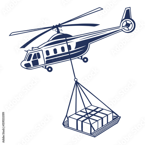 Dark blue helicopter lifting cargo sling delivery transport