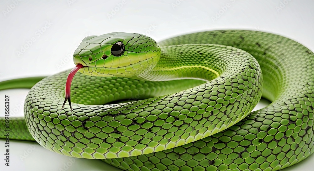 Fototapeta premium Intense Snake Portrait Tongue Out Coiled White Backdrop