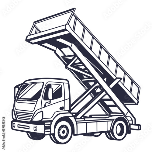 Dark blue hydraulic lift truck raising bed vehicle transportation
