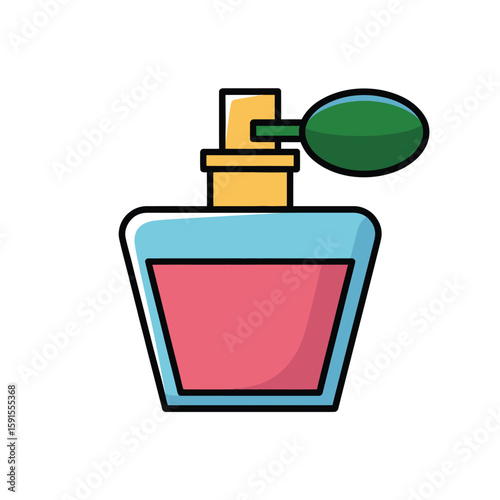 Stylized illustration of a vintage perfume bottle with a blue glass body and pink liquid