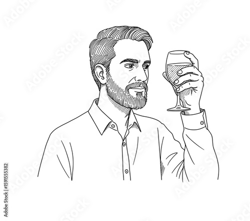 Vector illustration of a man holding a glass and contemplating with a neutral expression on transparent background