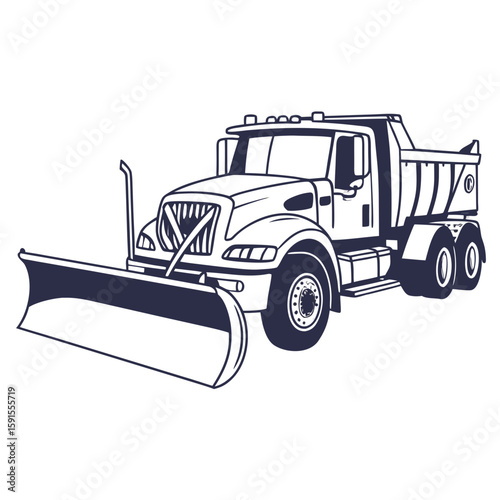 Dark blue snow plow truck with large blade and dump bed dump truck heavy equipment