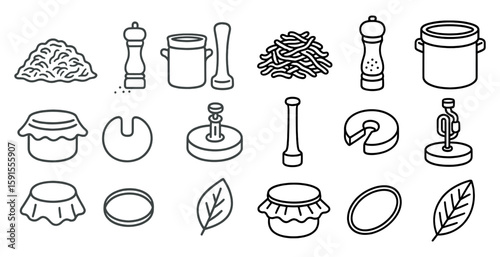 Collection of food items and kitchen utensils. The items include a jar, a bowl, a spoon, a knife, a rolling pin, a pepper grinder, a pot, and a leaf