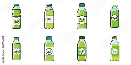 Multiple vector illustrations of plastic or glass bottles labeled with green tea

