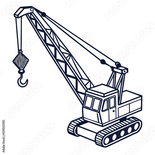 Dark blue tracked crane with hook and boom construction heavy machinery