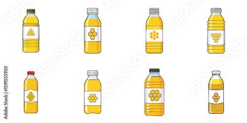 Multiple vector illustrations of plastic or glass bottles labeled with honeycomb, drink