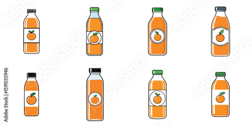 Multiple vector illustrations of plastic or glass bottles labeled with orange, juice

