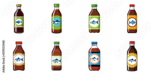Multiple vector illustrations of plastic or glass bottles labeled with fish, fish sauce


