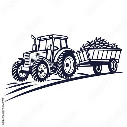 Dark blue tractor hauling produce trailer farm