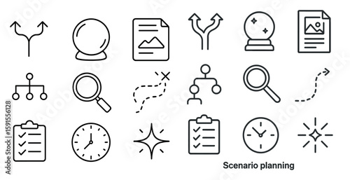Set of icons for a scenario planning tool. The icons include a clock, a magnifying glass, a paper clip, a calendar, a compass, a star, a book, a pen, a paper, a ruler, a triangle