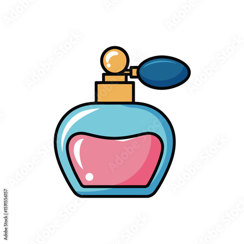 Vintage style perfume bottle with blue bulb atomizer and pink liquid