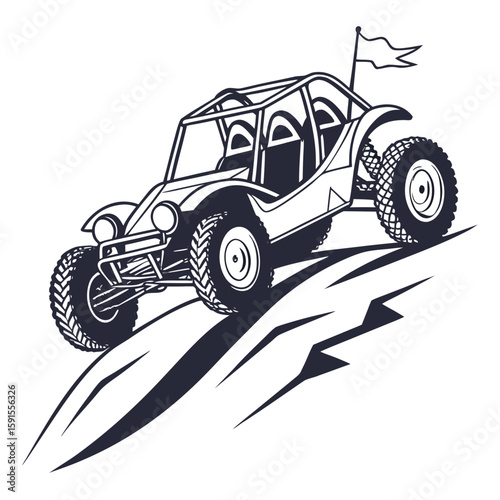 Dune buggy climbing rocky hill with flag off road vehicle