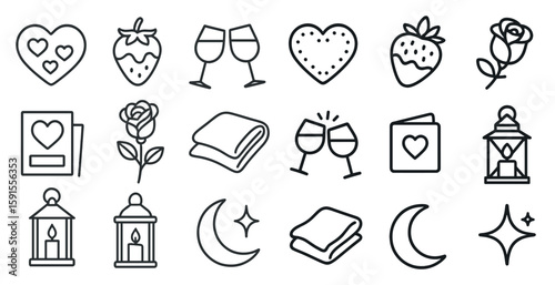 Collection of symbols and icons, including hearts, wine glasses, and roses, are arranged in a grid. Scene is romantic and celebratory, with the symbols representing love, happiness, and togetherness