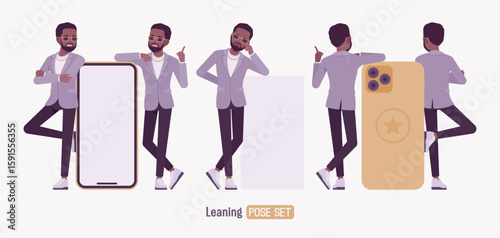 Stylish dark skin man wearing blazer giant smartphone lean pose set. Elegant chic pants, sneakers, glasses, gold chain, fashionable urban look, advertising. Vector flat style cartoon illustration