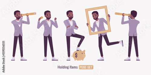 Stylish dark skin man wearing blazer holding items pose set. Elegant chic pants, sneakers, beard, glasses and gold chain, fashionable modern urban look, actions. Vector flat style cartoon illustration