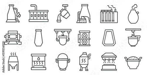 Series of industrial icons, including a potter's wheel, a coffee maker, and a steam oven