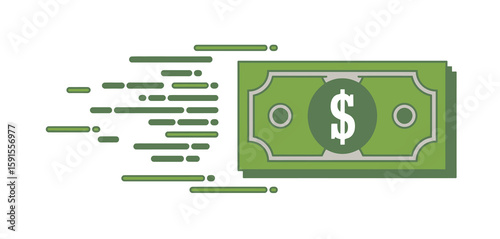 Green us dollar bill with a dollar sign and motion lines