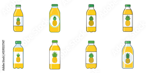 Multiple vector illustrations of plastic or glass bottles labeled with pineapple, juice