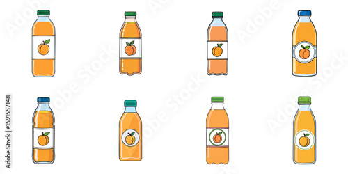 Multiple vector illustrations of plastic or glass bottles labeled with peach, juice

