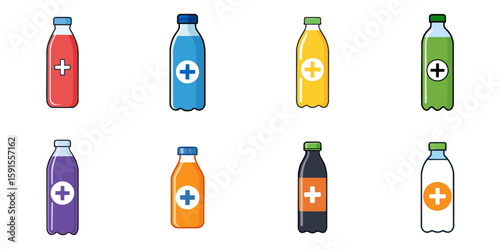 Multiple vector illustrations of plastic or glass bottles labeled with plus sign

