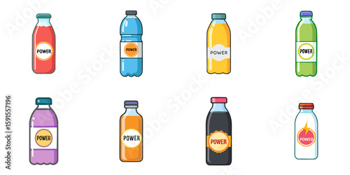 Multiple vector illustrations of plastic or glass bottles labeled with "POWER", energy drink

