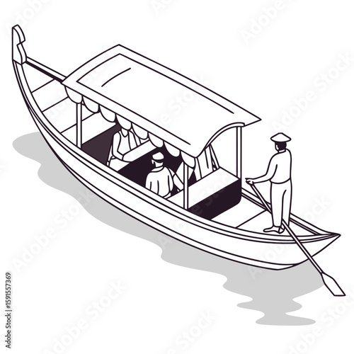 Gondola boat with passengers and gondolier on water transportation travel