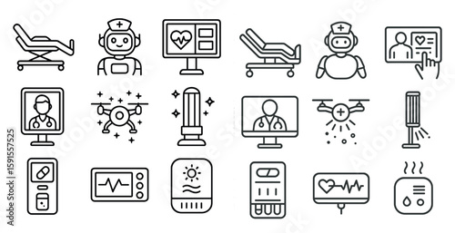 Series of medical icons including a robot doctor, a stethoscope, a heart monitor, and a hospital bed