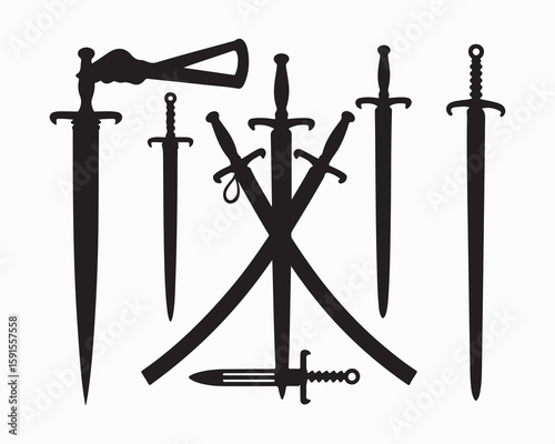 Sword silhouette collection, swords vector illustration. Medieval sword, dagger, cross guard. Black weapon designs, different shapes and styles isolated on white background